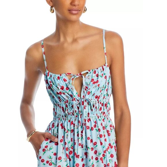 AQUA Women's Cherry Print Spaghetti Straps  Tiered Skirt Midi Dress Size L 2801 - Picture 5 of 11